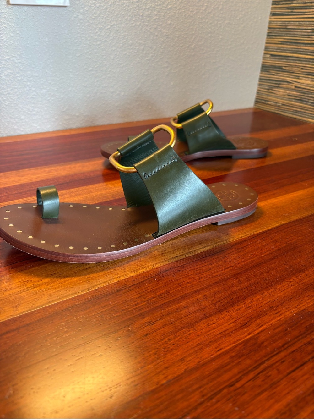 Tory Burch Brannan Studded Sandals in Olive Green Leather with Gold Hardware - Picture 7 of 14